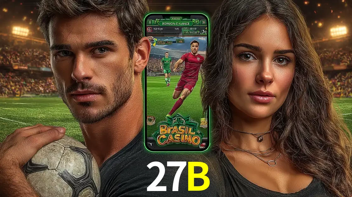 Homem segurando uma bola de futebol e uma mulher ao lado de um smartphone exibindo o jogo de apostas esportivas da 27B. Faça seu palpite no cassino online.